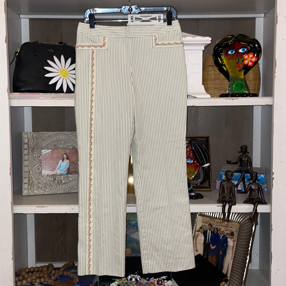 VINTAGE Y2K Cottagecore A.B.R New York Green Stripe Floral Pants SZ 8P EUC